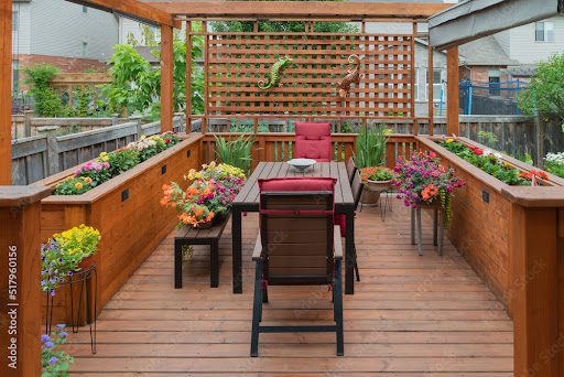 Deck with flower boxes and flowers
