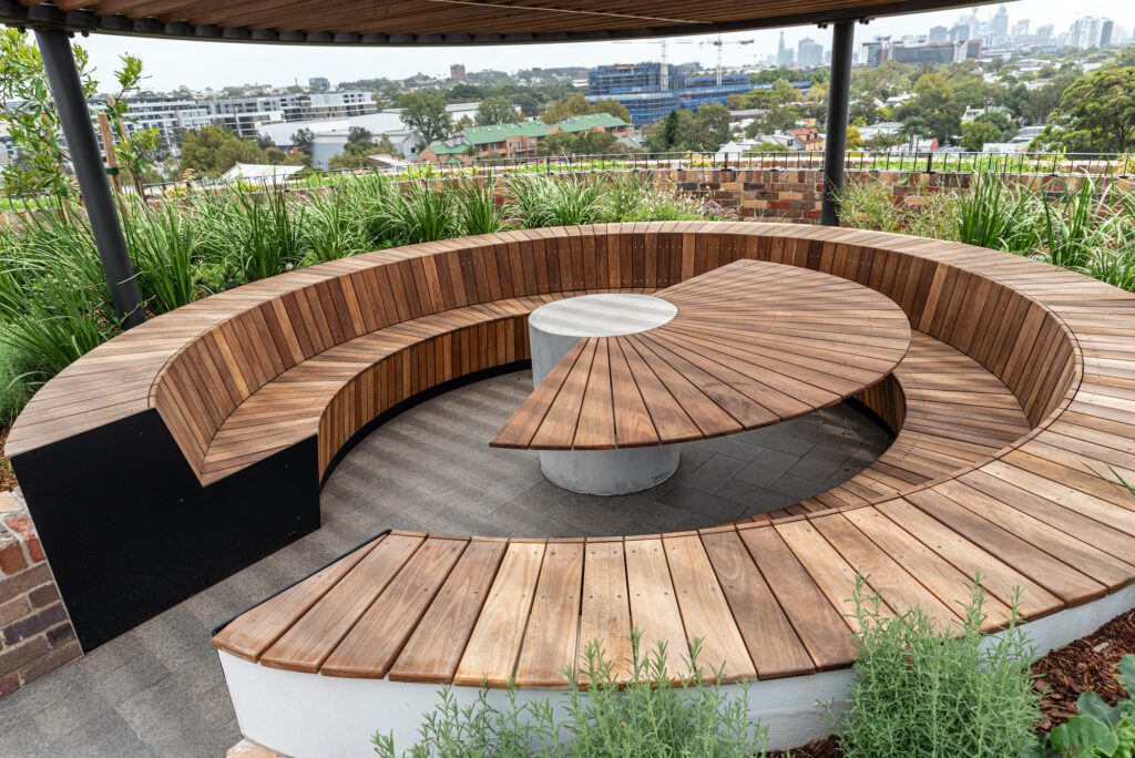 Circular seating on a wood deck
